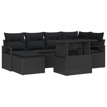 7-teiliges Garten Sofa Set mit Kissen Schwarz Poly Rattan, 2-Sitzer Garten Sofa mit Stauraum & Kissen Schwarz Poly Rattan