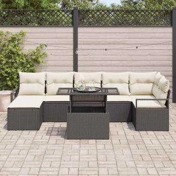 8-teiliges Garten Sofa Set mit Kissen Schwarz Poly Rattan, 2-Sitzer Garten Sofa mit Stauraum & Kissen Schwarz Poly Rattan