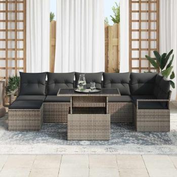 8-teiliges Garten Sofa Set mit Kissen Grau Poly Rattan, 2-Sitzer Garten Sofa mit Stauraum & Kissen Grau Poly Rattan