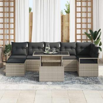 8-teiliges Garten Sofa Set mit Kissen Hellgrau Poly Rattan, 2-Sitzer Garten Sofa mit Stauraum & Kissen Grau Poly Rattan