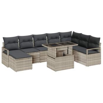 9-teiliges Garten Sofa Set mit Kissen Hellgrau Poly Rattan, 2-Sitzer Garten Sofa mit Stauraum & Kissen Grau Poly Rattan