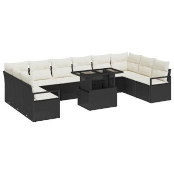 11-teiliges Garten-Sofa-Set mit Kissen Schwarzes Poly-Rattan, 2-Sitzer Garten-Sofa mit Stauraum & Kissen Schwarzes Poly-Rattan