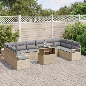11-teiliges Garten Sofa Set mit Kissen Beige Poly Rattan, 2-sitziges Garten Sofa mit Stauraum & Kissen Beige Poly Rattan