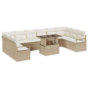 11-teiliges Garten-Sofa-Set mit Kissen Beige Poly-Rattan, 2-Sitzer Garten-Sofa mit Stauraum & Kissen Beige Poly-Rattan