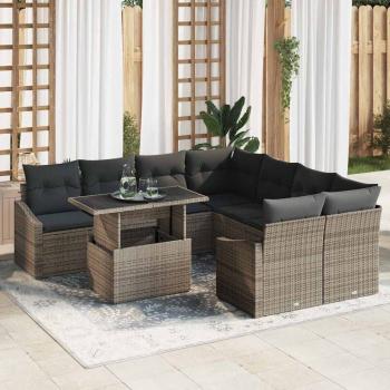 ARDEBO.de - 9-teilige Garten-Sofa Set mit Kissen Grau Poly Rattan