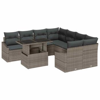 9-teilige Garten-Sofa Set mit Kissen Grau Poly Rattan