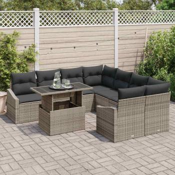 9-teilige Garten-Sofa Set mit Kissen Grau Poly Rattan