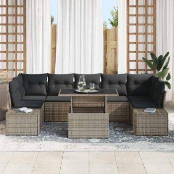 8-teiliges Gartensofa-Set mit Kissen Grau Poly Rattan