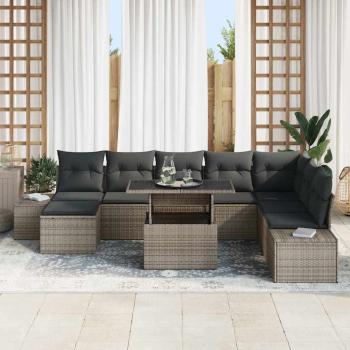9-teiliges Garten-Sofa-Set mit Kissen Grau Poly Rattan