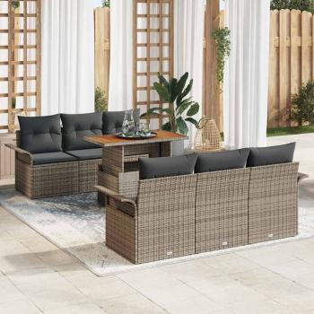 ARDEBO.de - 7-teiliges Garten-Sofa-Set mit Kissen Grau Poly Rattan, 2-Sitzer Garten Sofa mit Stauraum & Kissen Grau Poly Rattan