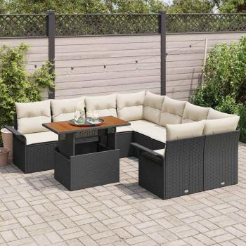 9-teiliges Garten-Sofa-Set mit Kissen in Schwarz Poly-Rattan, 2-Sitzer Garten-Sofa mit Stauraum & Kissen in Schwarz Poly-Rattan