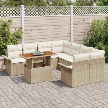 ARDEBO.de - 9-teiliges Garten Sofa Set mit Kissen Beige Poly Rattan, 2-Sitzer Garten Sofa mit Stauraum und Kissen Beige Poly Rattan