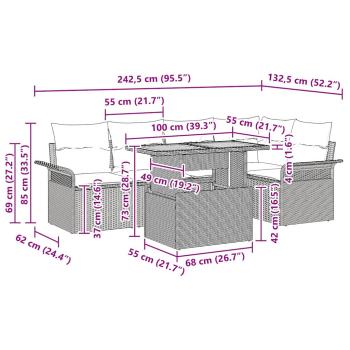 6-Teiliges Garten Sofa Set mit Kissen in beige aus Poly Rattan, 2-Sitzer Garten Sofa mit Stauraum & Kissen in beige aus Poly Rattan