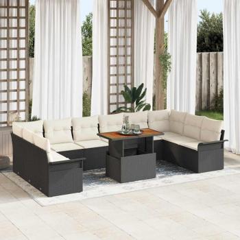 ARDEBO.de - 11-teiliges Garten Sofa Set mit Kissen Schwarz Poly Rattan, 2-Sitzer Garten Sofa mit Stauraum & Kissen Schwarz Poly Rattan
