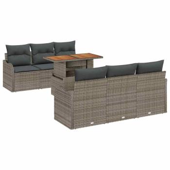 7-teiliges Garten Sofa Set mit Kissen Grau Poly Rattan, 2-Sitzer Garten Sofa mit Stauraum & Kissen Grau Poly Rattan