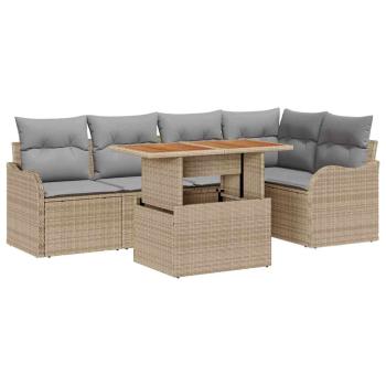 6-teiliges Garten-Sofa-Set mit Kissen Beige Poly Rattan, 2-Sitzer Garten-Sofa mit Stauraum und Kissen Beige Poly Rattan