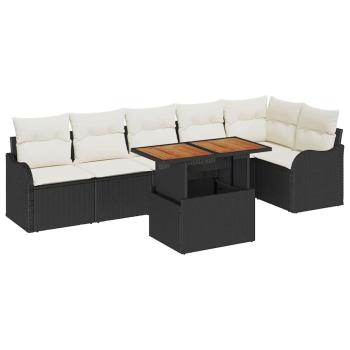 7-teiliges Garten Sofa Set mit Kissen Schwarz Poly Rattan, 2-Sitzer Garten Sofa mit Stauraum & Kissen Schwarz Poly Rattan