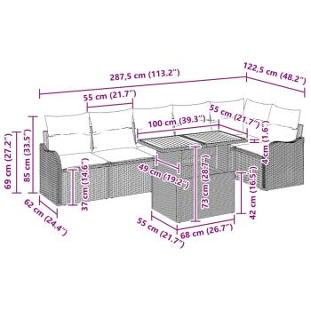7-teiliges Garten Sofa Set mit Kissen Grau Poly Rattan, 2-Sitzer Garten Sofa mit Stauraum & Kissen Grau Poly Rattan