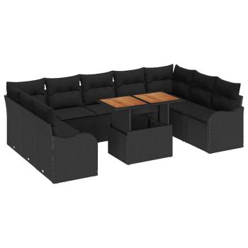 10-teiliges Gartensofa Set mit Kissen Schwarz Poly Rattan, 2-Sitzer Gartensofa mit Stauraum & Kissen Schwarz Poly Rattan
