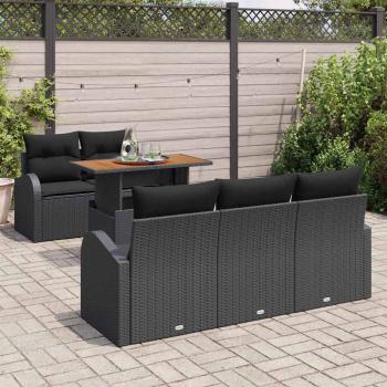 6-teiliges Garten-Sofa-Set mit Kissen Schwarz Poly Rattan, 2-Sitzer Garten Sofa mit Stauraum & Kissen Schwarz Poly Rattan