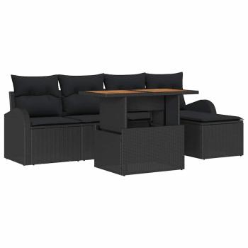 6-teiliges Garten Sofa Set mit Kissen Schwarz Poly Rattan, 2-Sitzer Garten Sofa mit Stauraum & Kissen Schwarz Poly Rattan