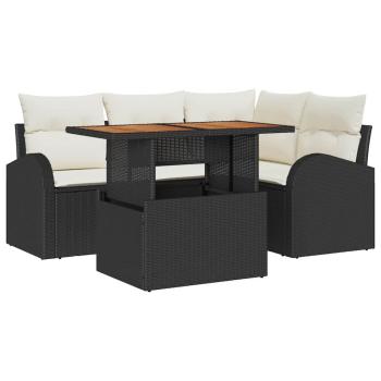 5-teiliges Garten Sofa Set mit Kissen Schwarz Poly Rattan, 2-Sitzer Garten Sofa mit Stauraum & Kissen Schwarz Poly Rattan