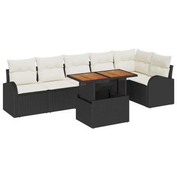 7-teiliges Garten-Sofa-Set mit Kissen Schwarz Poly-Rattan, 2-Sitzer Garten-Sofa mit Stauraum & Kissen Schwarz Poly-Rattan