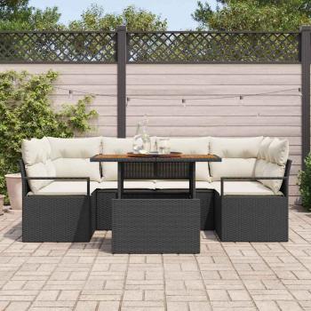 7-teiliges Garten Sofa Set mit Kissen Schwarzes Poly Rattan, 2-Sitzer Garten Sofa mit Stauraum & Kissen Schwarzes Poly Rattan