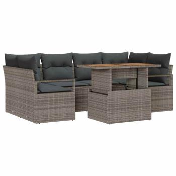 7-teiliges Garten Sofaset mit Kissen Grau Poly Rattan, 2-Sitzer Garten Sofa mit Stauraum & Kissen Grau Poly Rattan
