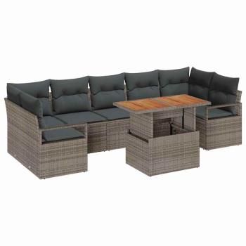 8-teiliges Garten-Sofa-Set mit Kissen Grau Poly Rattan, 2-Sitzer Garten-Sofa mit Stauraum und Kissen Grau Poly Rattan