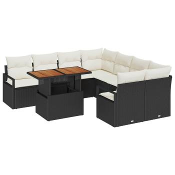 9-teiliges Garten Sofa Set mit Kissen Schwarz Poly Rattan, 2-Sitzer Garten Sofa mit Stauraum und Kissen Schwarz Poly Rattan