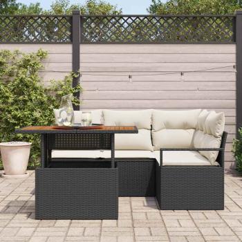 5-teiliges Garten Sofa Set mit Kissen Schwarz Poly Rattan, 2-Sitzer Garten Sofa mit Stauraum & Kissen Schwarz Poly Rattan
