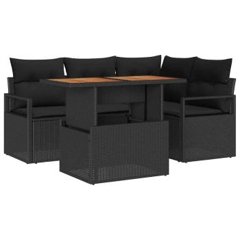 5-teiliges Garten Sofa Set mit Kissen Schwarz Poly Rattan, 2-Sitzer Garten Sofa mit Stauraum & Kissen Schwarz Poly Rattan