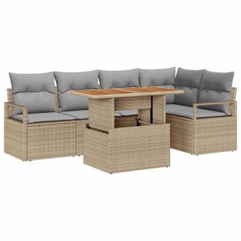 6-teiliges Garten-Sofa-Set mit Kissen Beige Poly Rattan, 2-Sitzer Garten-Sofa mit Stauraum & Kissen Beige Poly Rattan
