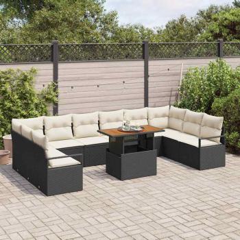11-teiliges Garten-Sofa-Set mit Kissen Schwarz Poly-Rattan, 2-Sitzer Garten-Sofa mit Stauraum & Kissen Schwarz Poly-Rattan