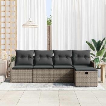 5-teiliges Garten Sofa Set mit Kissen Grau Poly Rattan, 2-Sitzer Garten Sofa mit Kissen Grau Poly Rattan