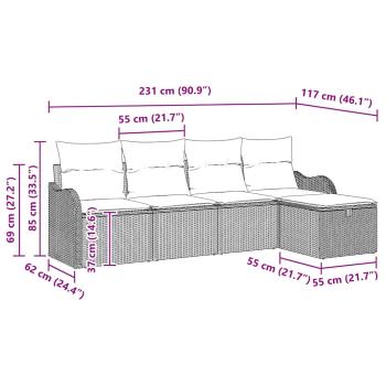 5-teiliges Garten Sofa Set mit Kissen in Schwarz aus Poly Rattan, 2-Sitzer Garten Sofa mit Kissen in Schwarz aus Poly Rattan