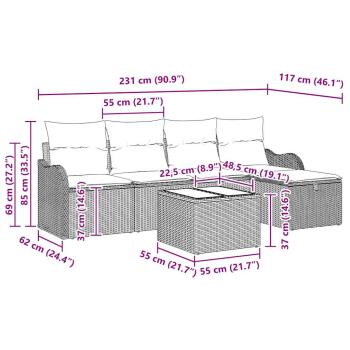 6-teiliges Garten-Sofa-Set mit Kissen in Schwarz aus Poly Rattan, 2-Sitzer Garten-Sofa mit Kissen in Schwarz aus Poly Rattan