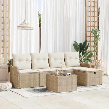 ARDEBO.de - 6-teiliges Garten Sofa Set mit Kissen Beige Poly Rattan, 2-Sitzer Garten Sofa mit Kissen Beige Poly Rattan