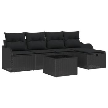 6-teiliges Garten-Sofa-Set mit Kissen Schwarz Poly Rattan, 2-Sitzer Garten-Sofa mit Kissen Schwarz Poly Rattan
