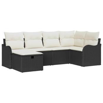 6-teiliges Garten-Sofa-Set mit Kissen Schwarz Poly Rattan, 2-Sitzer Garten-Sofa mit Kissen Schwarz Poly Rattan