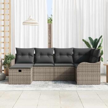 6-teiliges Garten Sofa Set mit Kissen Grau Poly Rattan, 2-Sitzer Garten Sofa mit Kissen Grau Poly Rattan