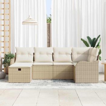 6-teiliges Garten Sofa Set mit Kissen Beige Poly Rattan, 2-Sitzer Garten Sofa mit Kissen Beige Poly Rattan