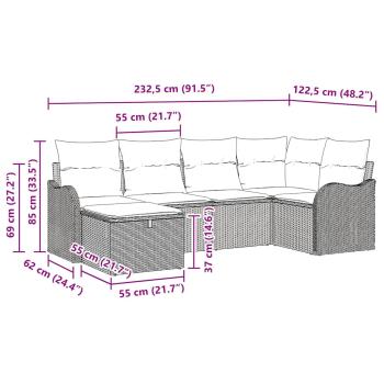 6-teiliges Garten Sofa Set mit Kissen Schwarz Poly Rattan, 2-Sitzer Garten Sofa mit Kissen Schwarz Poly Rattan