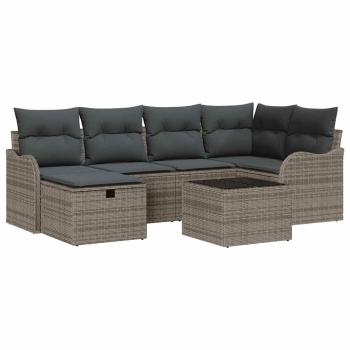 7-teiliges Garten-Sofa-Set mit Kissen Grau Poly-Rattan, 2-Sitzer Garten-Sofa mit Kissen Grau Poly-Rattan