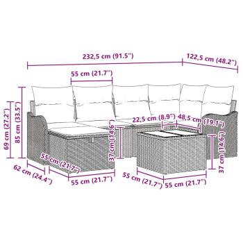 7-teiliges Garten-Sofa-Set mit Kissen Grau Poly-Rattan, 2-Sitzer Garten-Sofa mit Kissen Grau Poly-Rattan