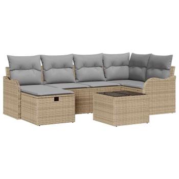 7-teiliges Garten Sofa Set mit Kissen Beige Poly Rattan, 2-Sitzer Garten Sofa mit Kissen Beige Poly Rattan