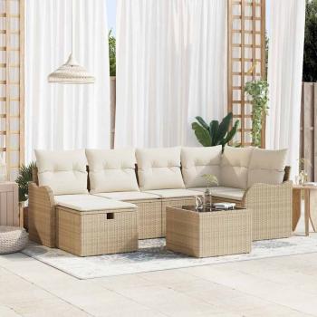 ARDEBO.de - 7-teiliges Garten-Sofa-Set mit Kissen Beige Poly Rattan, 2-Sitzer Garten-Sofa mit Kissen Beige Poly Rattan