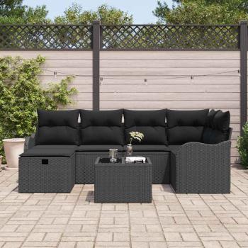 7-teiliges Garten Sofa Set mit Kissen Schwarz Poly-Rattan, 2-Sitzer Garten Sofa mit Kissen Schwarz Poly-Rattan