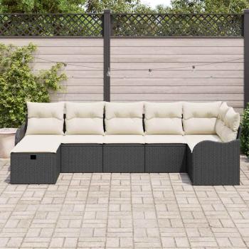 7-Teiliges Garten Sofa Set mit Kissen Schwarz Poly Rattan, 2-Sitzer Garten Sofa mit Kissen Schwarz Poly Rattan